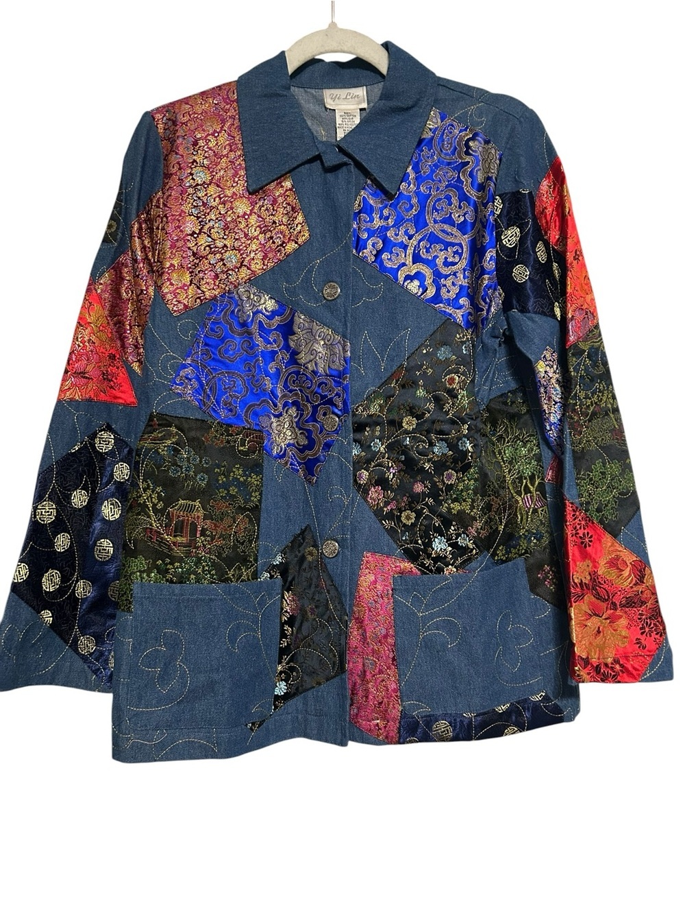 Yi Lin Vintage Patchwork Denim Jacket Asian Tapestry Art-to-Wear Oversized XS
